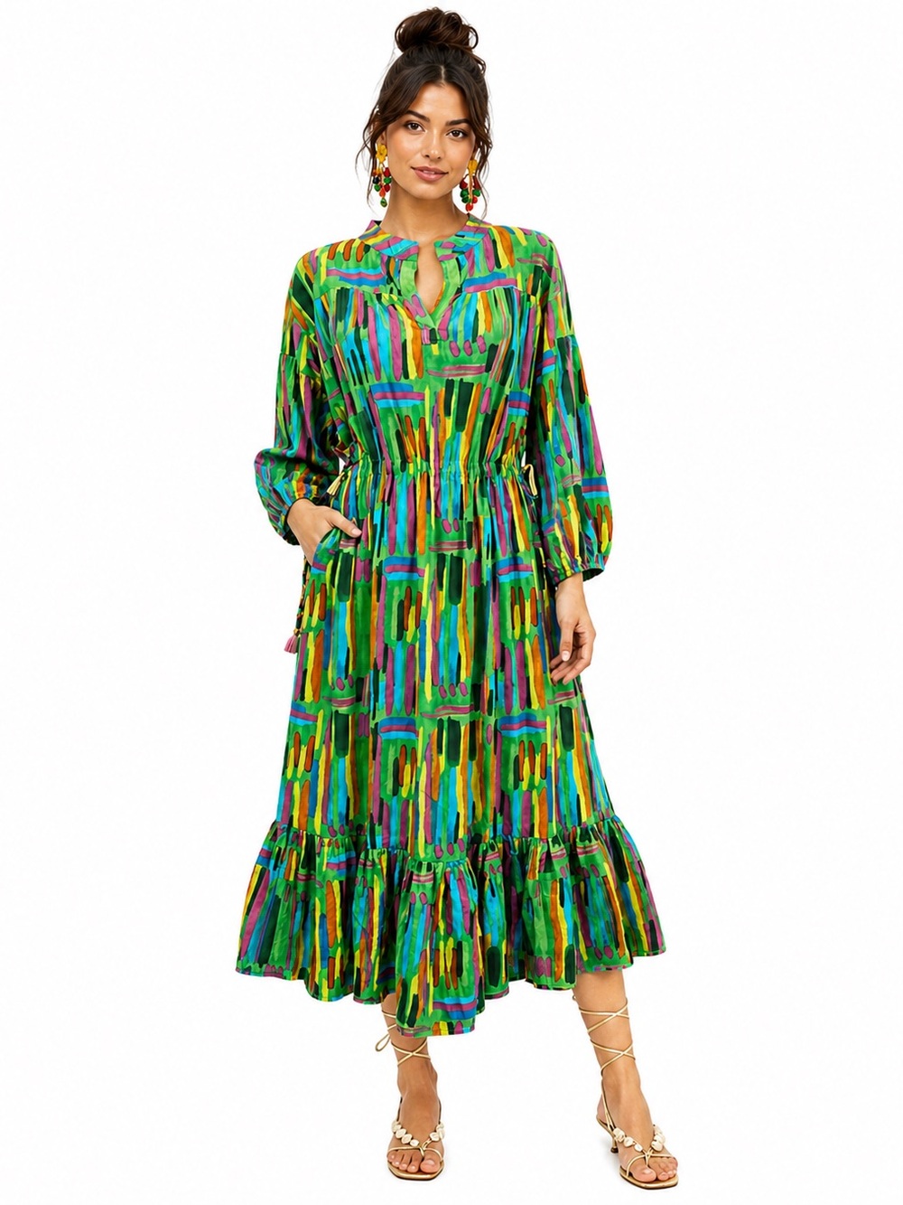 Harringtons Cotton Colorful Brushstroke Ruffle Midi Dress Medium Kelly Green